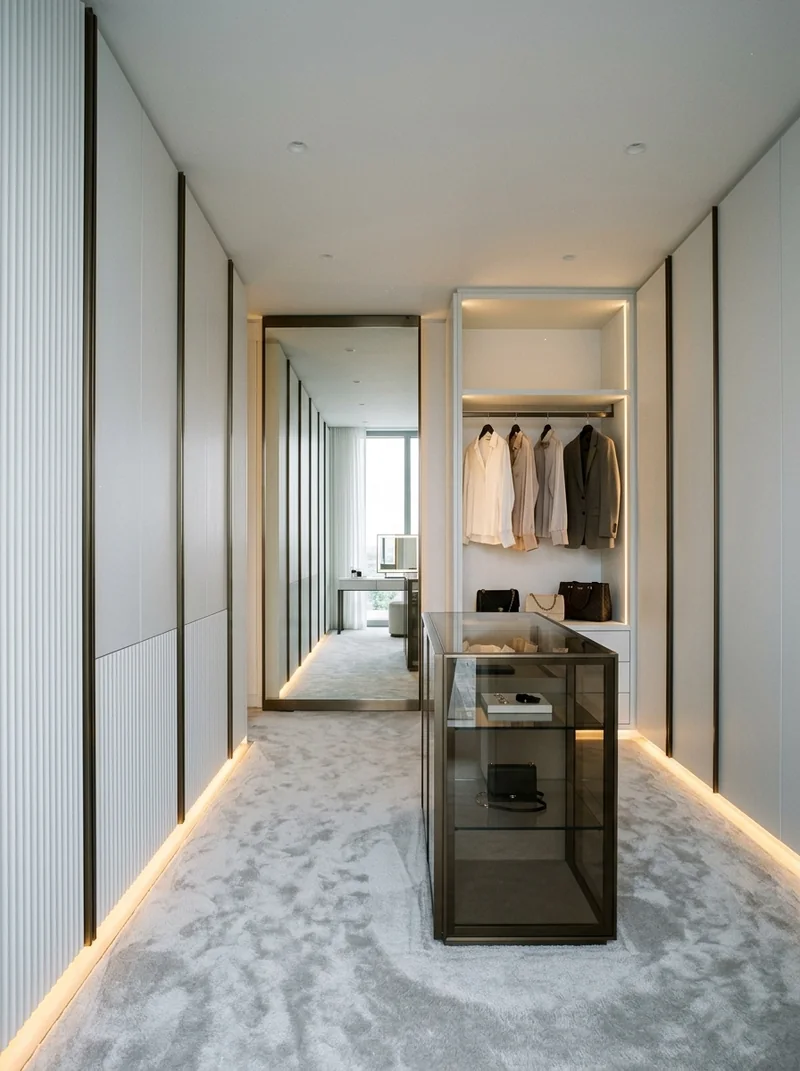 Alaska White bespoke cabinetry and architectural wall paneling application