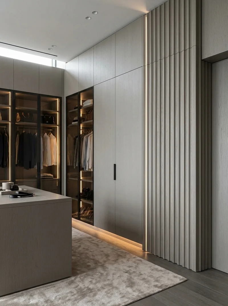 Gray Oak Soft bespoke cabinetry and architectural wall paneling application