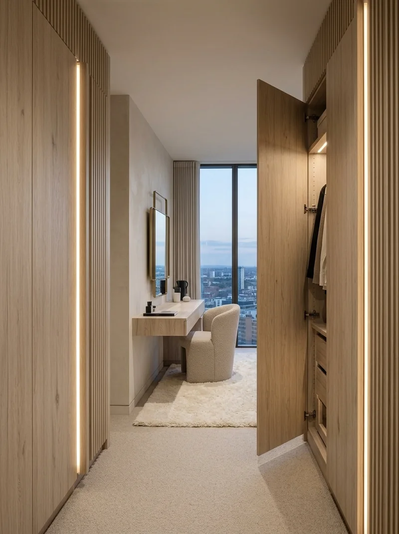 Light Beige Oak Soft bespoke cabinetry and architectural wall paneling application