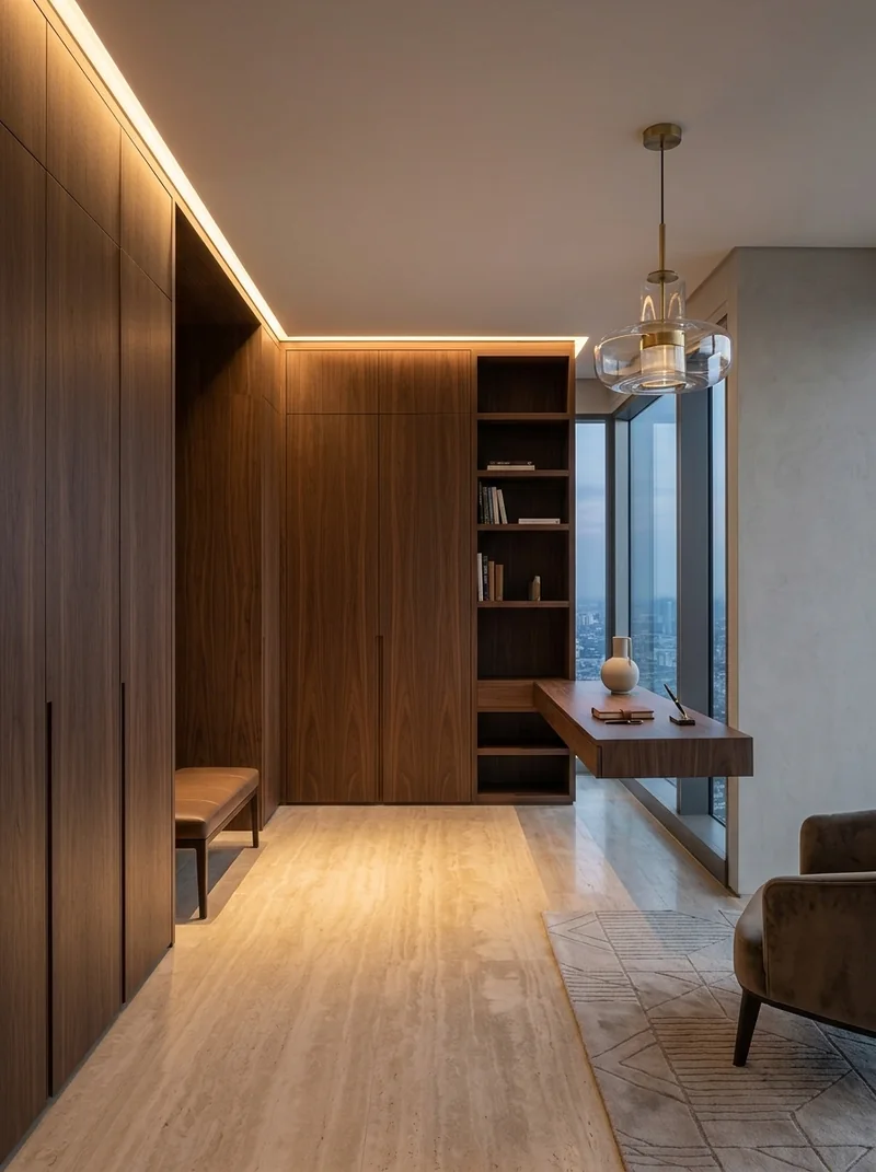 Mocha American Walnut Soft bespoke cabinetry and architectural wall paneling application