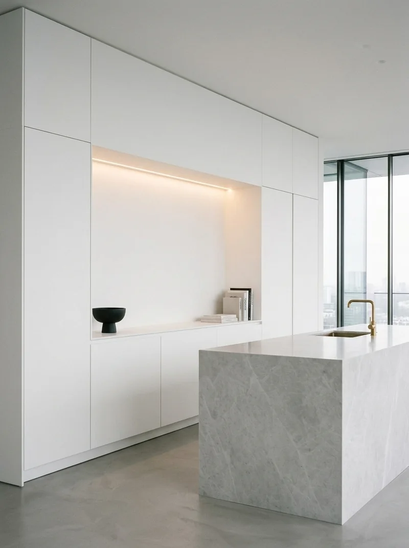 Snow White bespoke cabinetry and architectural wall paneling application